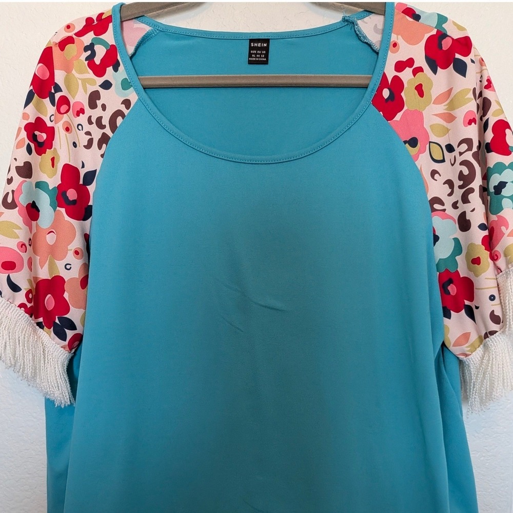 Women XL Teal Floral 80s Leopard Raglan Fringe Trim Short Sleeve Top - Picture 1 of 7